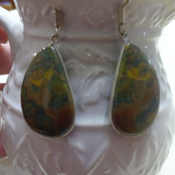 Natural "BLOODSTONE AGATE" Handmade Sterling Dangle Earrings (1" Drop) #973A - Picture 2 of 3